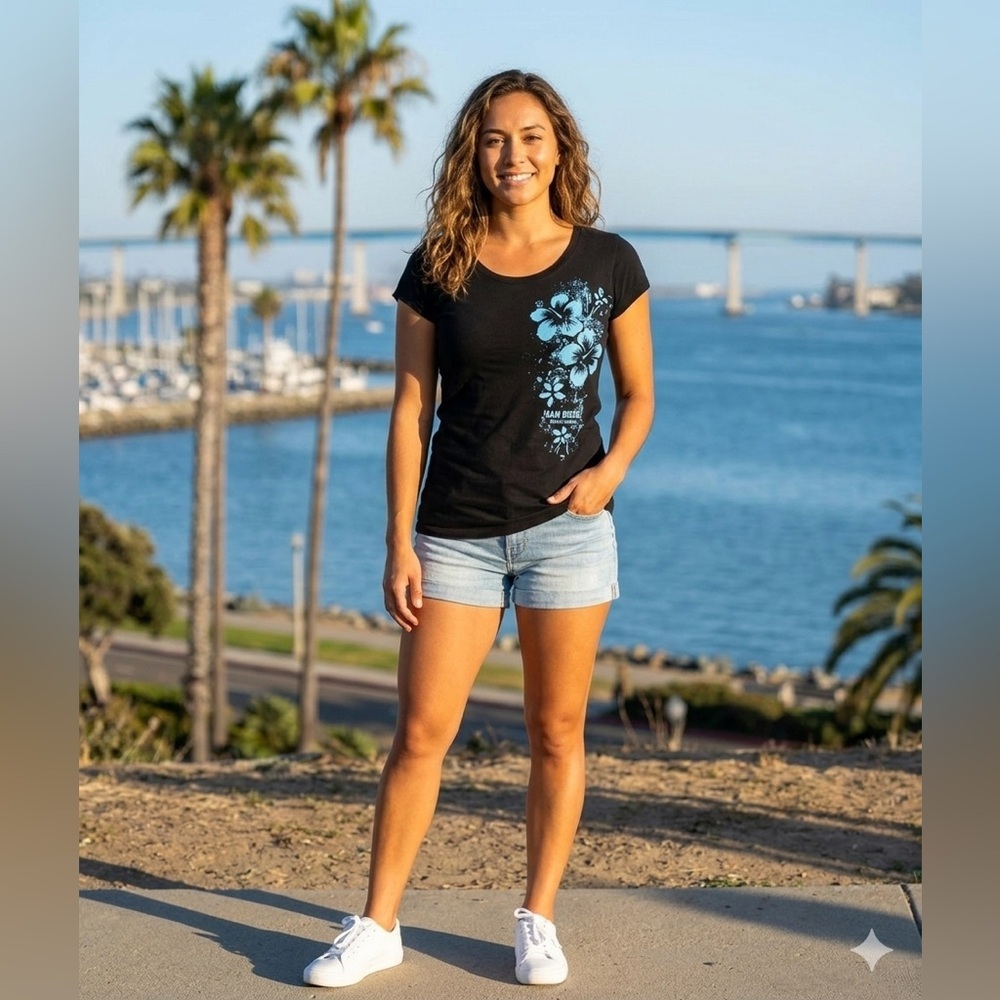 Black t-shirt with blue floral design